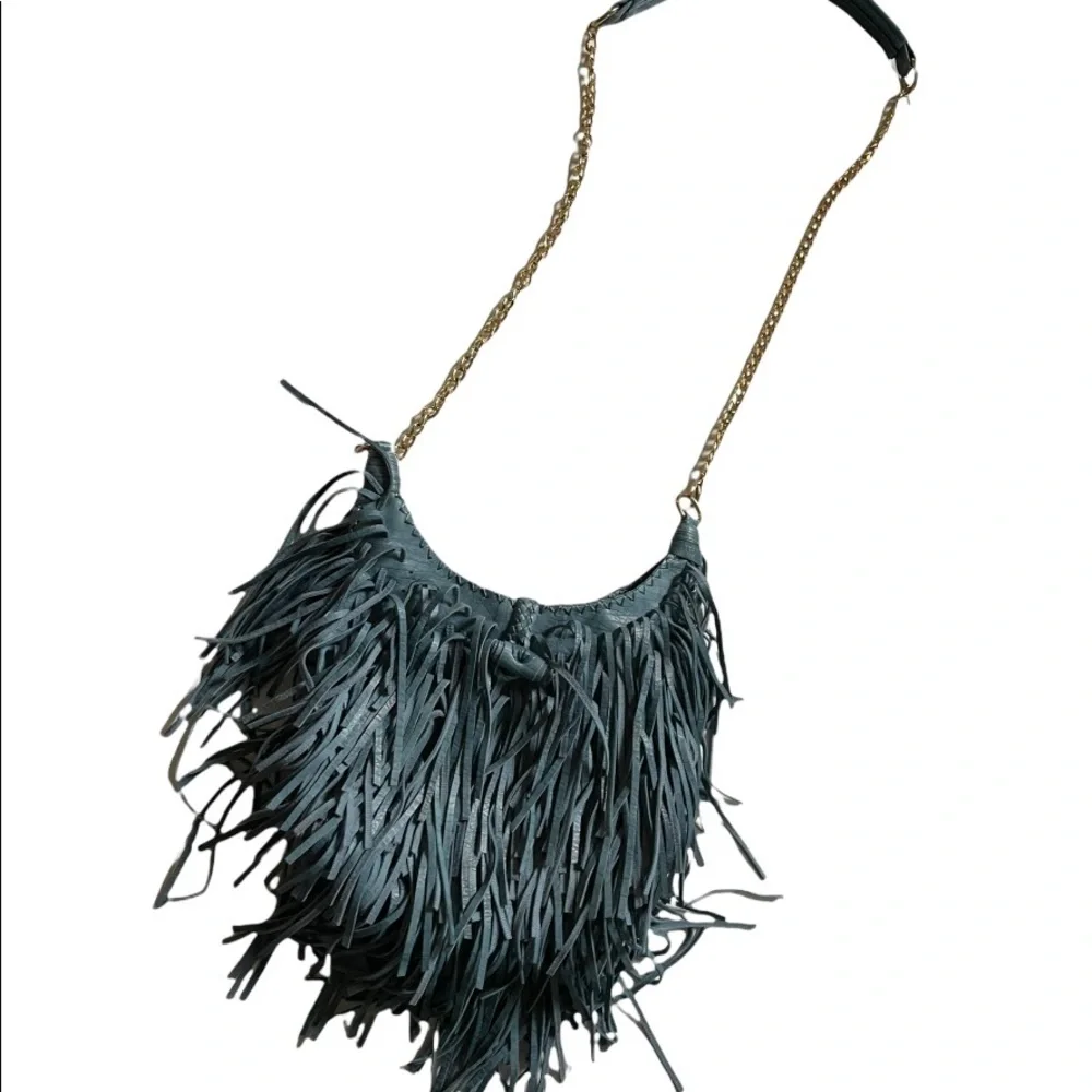 Fringed Leather Crossbody Bag in Dark Teal with Chain Strap